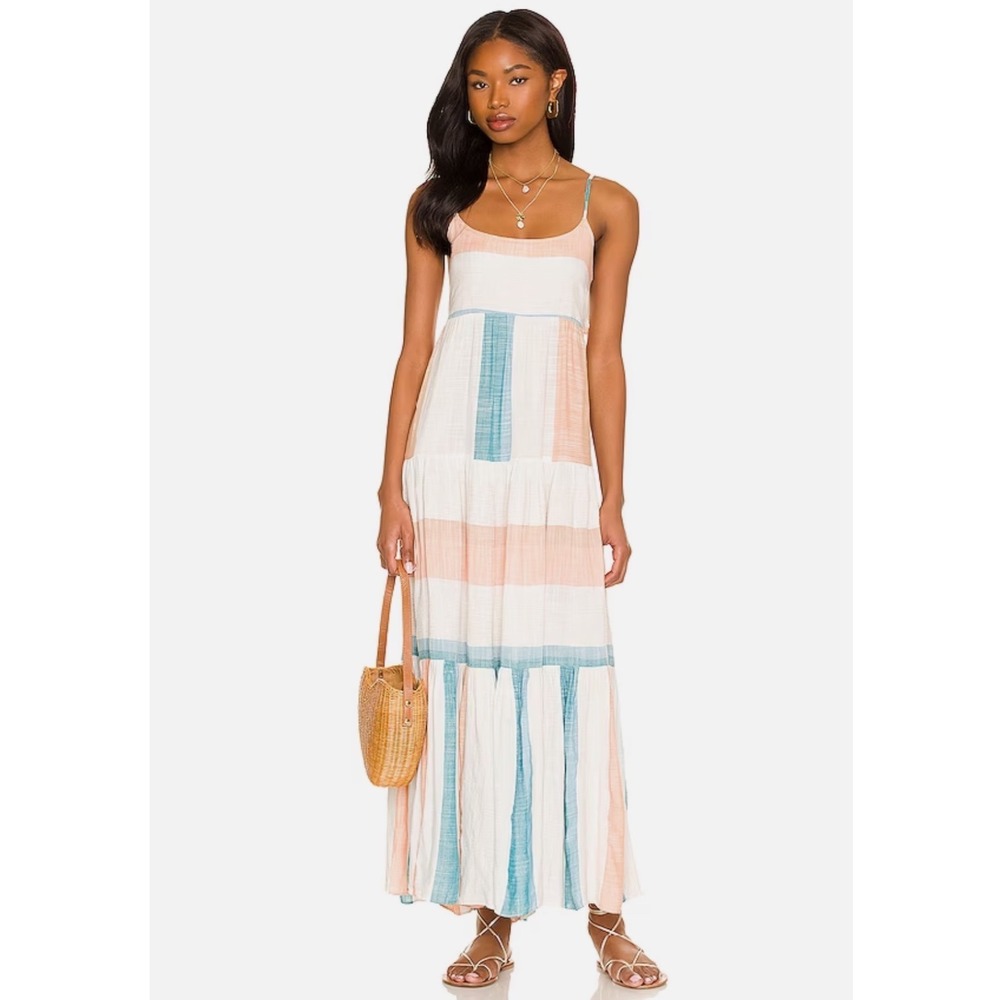L Space Women Striped Tiered Maxi Dress Blue Terracotta Tie Back Sun Dress